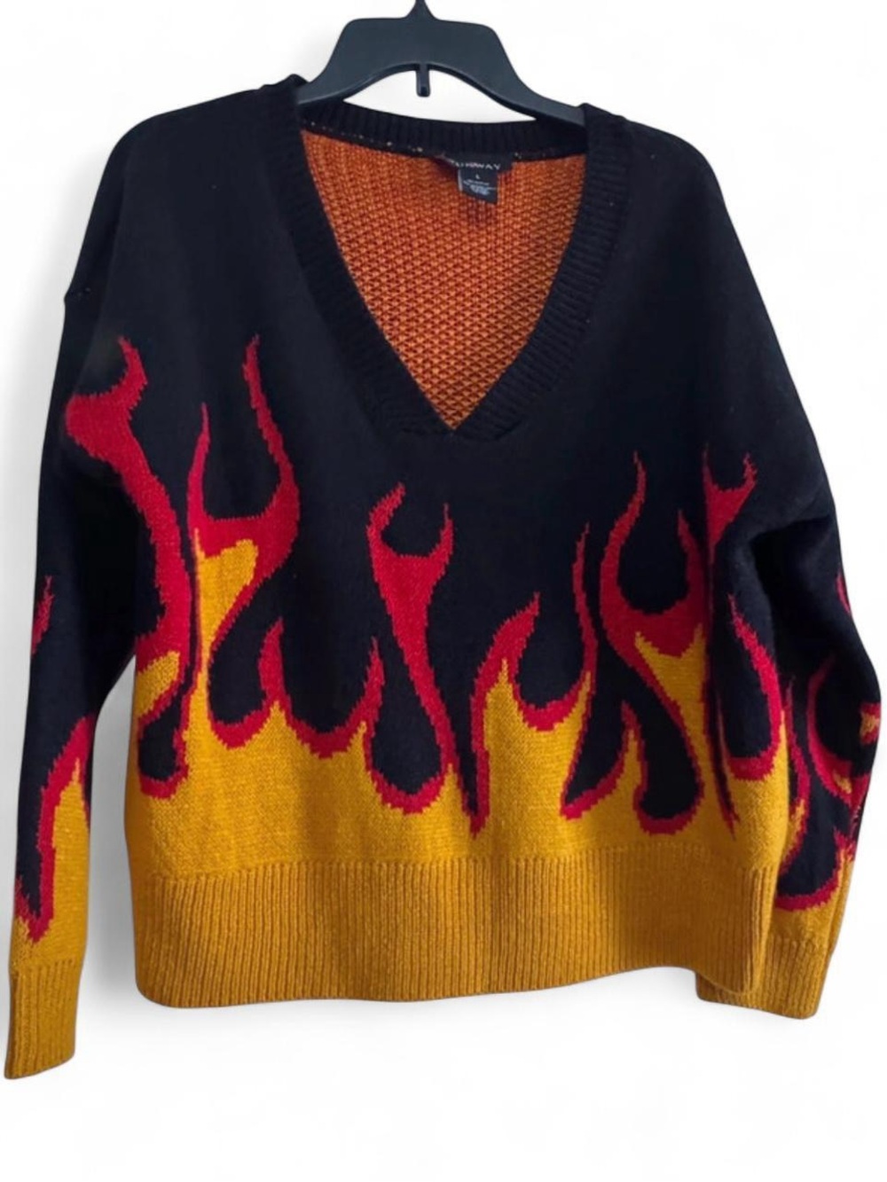Runway - Black V-Neck Sweater with Yellow and Red Flame Motif Large